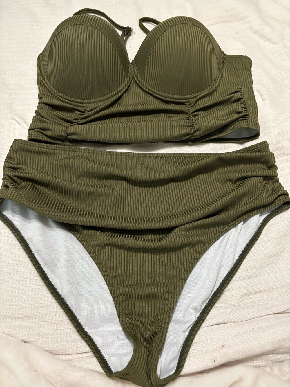 SHEIN Olive Green Ribbed High Waisted Bikini Set